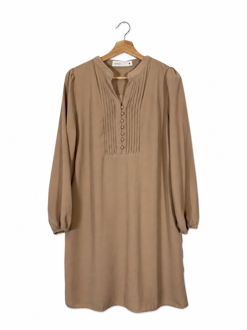KODZ Boho Pleated Shift Dress Tan Beige Midi Size Large